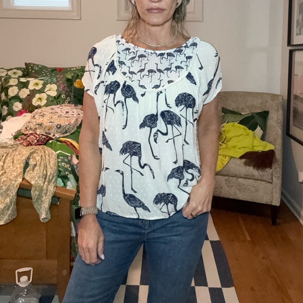 Corey Lynn Calter Blue Flamingo Print Blouse